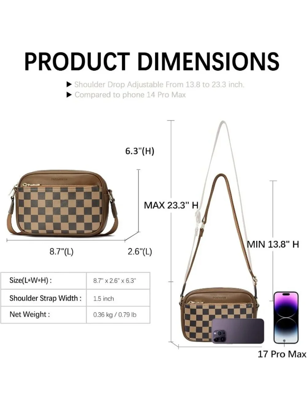 Women's Coffee Leather Crossbody Purses Shoulder Handbags with Wide Strap